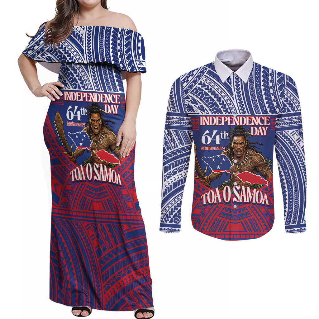 Personalised Samoa Independence Day Couples Matching Off Shoulder Maxi Dress and Long Sleeve Button Shirt 64th Anniversary Toa O Samoa LT14 Blue - Polynesian Pride