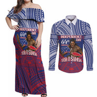 Personalised Samoa Independence Day Couples Matching Off Shoulder Maxi Dress and Long Sleeve Button Shirt 64th Anniversary Toa O Samoa LT14 Blue - Polynesian Pride
