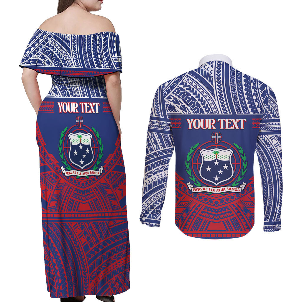 Personalised Samoa Independence Day Couples Matching Off Shoulder Maxi Dress and Long Sleeve Button Shirt 64th Anniversary Toa O Samoa LT14 - Polynesian Pride