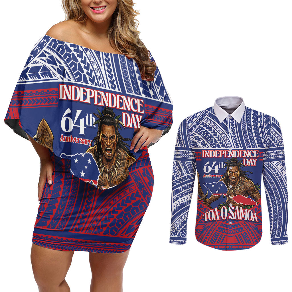 Personalised Samoa Independence Day Couples Matching Off Shoulder Short Dress and Long Sleeve Button Shirt 64th Anniversary Toa O Samoa