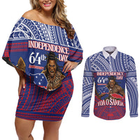 Personalised Samoa Independence Day Couples Matching Off Shoulder Short Dress and Long Sleeve Button Shirt 64th Anniversary Toa O Samoa