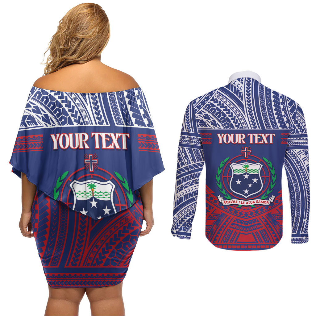 Personalised Samoa Independence Day Couples Matching Off Shoulder Short Dress and Long Sleeve Button Shirt 64th Anniversary Toa O Samoa