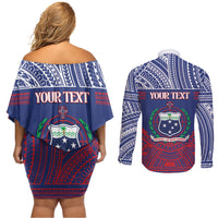 Personalised Samoa Independence Day Couples Matching Off Shoulder Short Dress and Long Sleeve Button Shirt 64th Anniversary Toa O Samoa