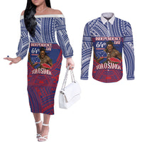 Personalised Samoa Independence Day Couples Matching Off The Shoulder Long Sleeve Dress and Long Sleeve Button Shirt 64th Anniversary Toa O Samoa