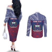 Personalised Samoa Independence Day Couples Matching Off The Shoulder Long Sleeve Dress and Long Sleeve Button Shirt 64th Anniversary Toa O Samoa