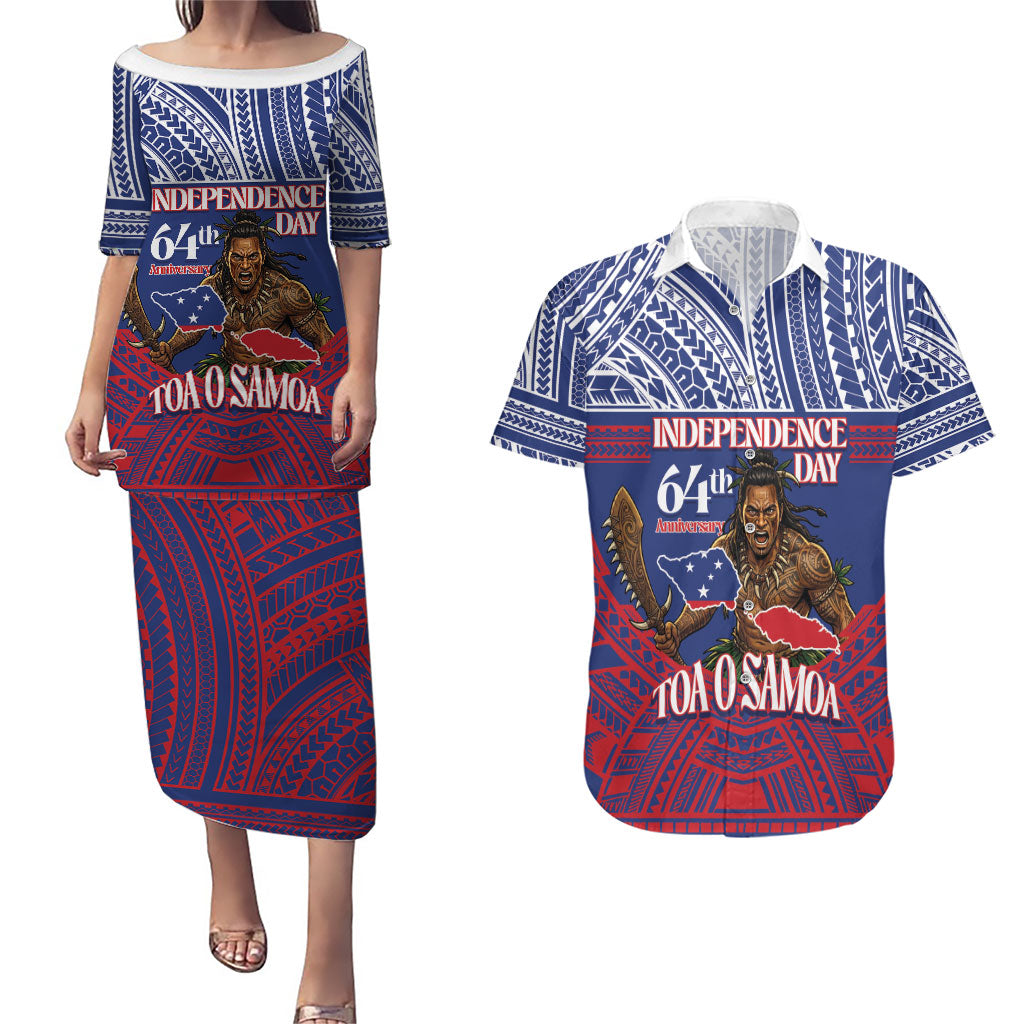 Personalised Samoa Independence Day Couples Matching Puletasi and Hawaiian Shirt 64th Anniversary Toa O Samoa LT14 Blue - Polynesian Pride