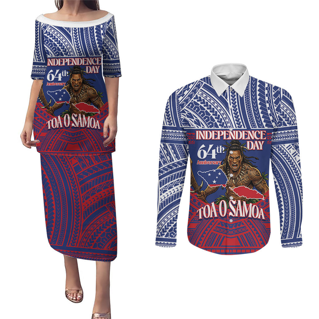 Personalised Samoa Independence Day Couples Matching Puletasi and Long Sleeve Button Shirt 64th Anniversary Toa O Samoa LT14 Blue - Polynesian Pride