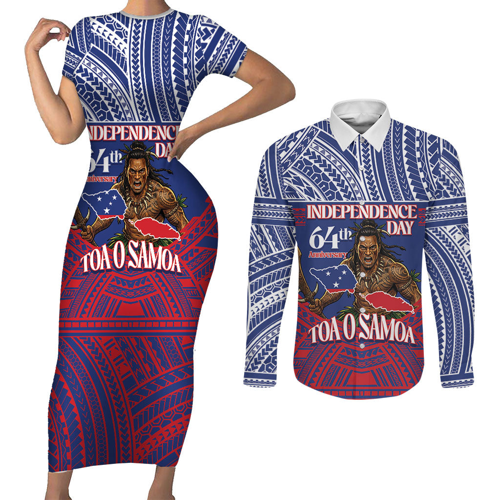 Personalised Samoa Independence Day Couples Matching Short Sleeve Bodycon Dress and Long Sleeve Button Shirt 64th Anniversary Toa O Samoa LT14 Blue - Polynesian Pride