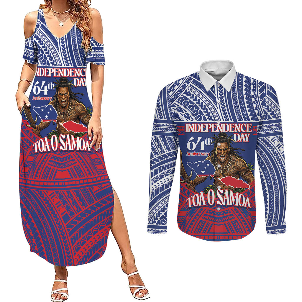 Personalised Samoa Independence Day Couples Matching Summer Maxi Dress and Long Sleeve Button Shirt 64th Anniversary Toa O Samoa LT14 Blue - Polynesian Pride