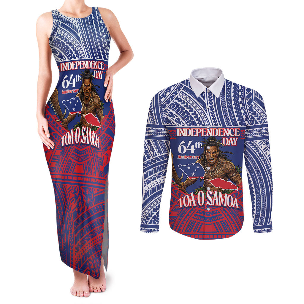 Personalised Samoa Independence Day Couples Matching Tank Maxi Dress and Long Sleeve Button Shirt 64th Anniversary Toa O Samoa LT14 Blue - Polynesian Pride