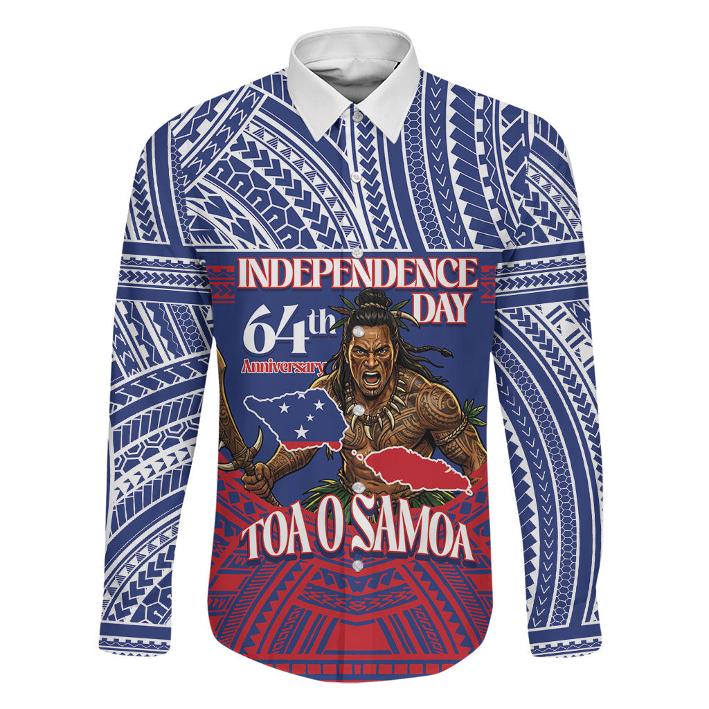 Personalised Samoa Independence Day Family Matching Off Shoulder Maxi Dress and Hawaiian Shirt 64th Anniversary Toa O Samoa LT14 Dad's Shirt - Long Sleeve Blue - Polynesian Pride