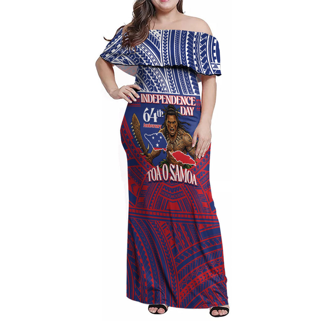 Personalised Samoa Independence Day Family Matching Off Shoulder Maxi Dress and Hawaiian Shirt 64th Anniversary Toa O Samoa LT14 Mom's Dress Blue - Polynesian Pride