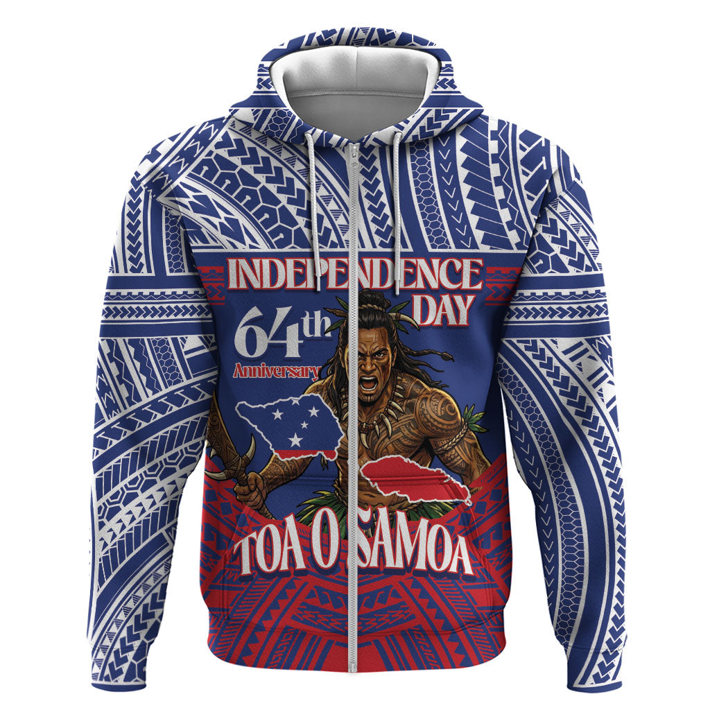 Personalised Samoa Independence Day Hoodie 64th Anniversary Toa O Samoa LT14 Zip Hoodie Blue - Polynesian Pride