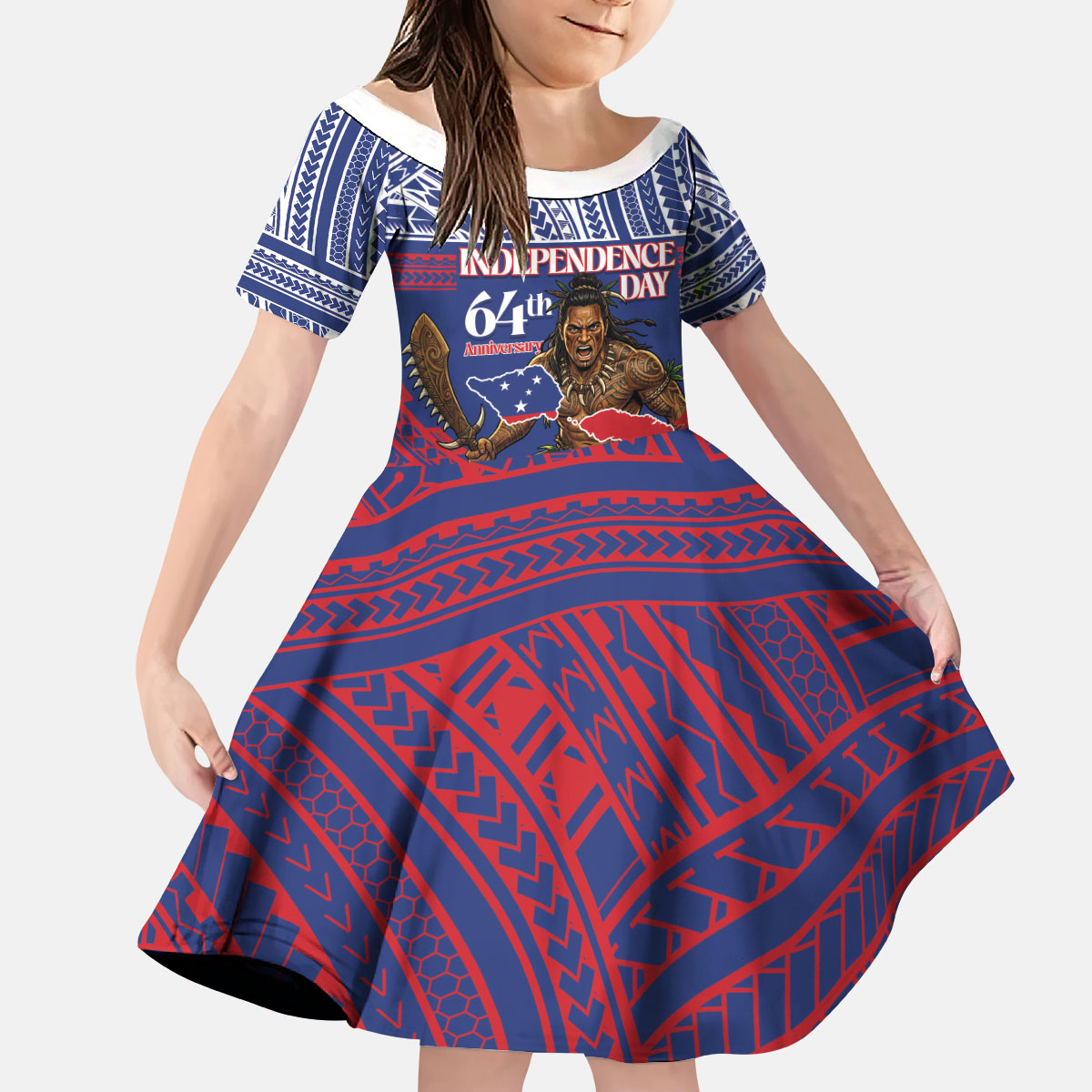 Personalised Samoa Independence Day Kid Short Sleeve Dress 64th Anniversary Toa O Samoa LT14 KID Blue - Polynesian Pride