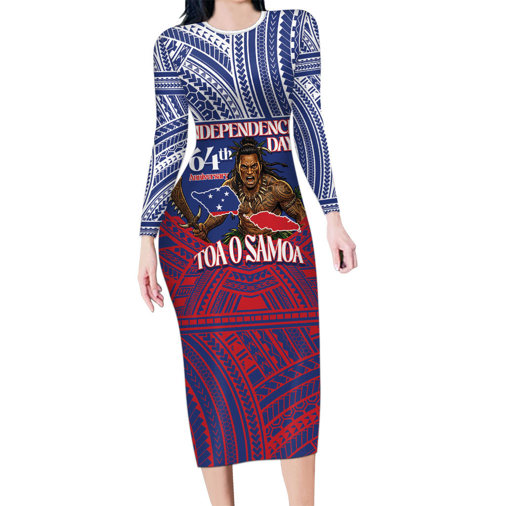 Personalised Samoa Independence Day Long Sleeve Bodycon Dress 64th Anniversary Toa O Samoa LT14 Long Dress Blue - Polynesian Pride