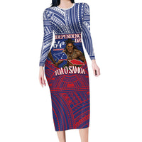 Personalised Samoa Independence Day Long Sleeve Bodycon Dress 64th Anniversary Toa O Samoa LT14 Long Dress Blue - Polynesian Pride