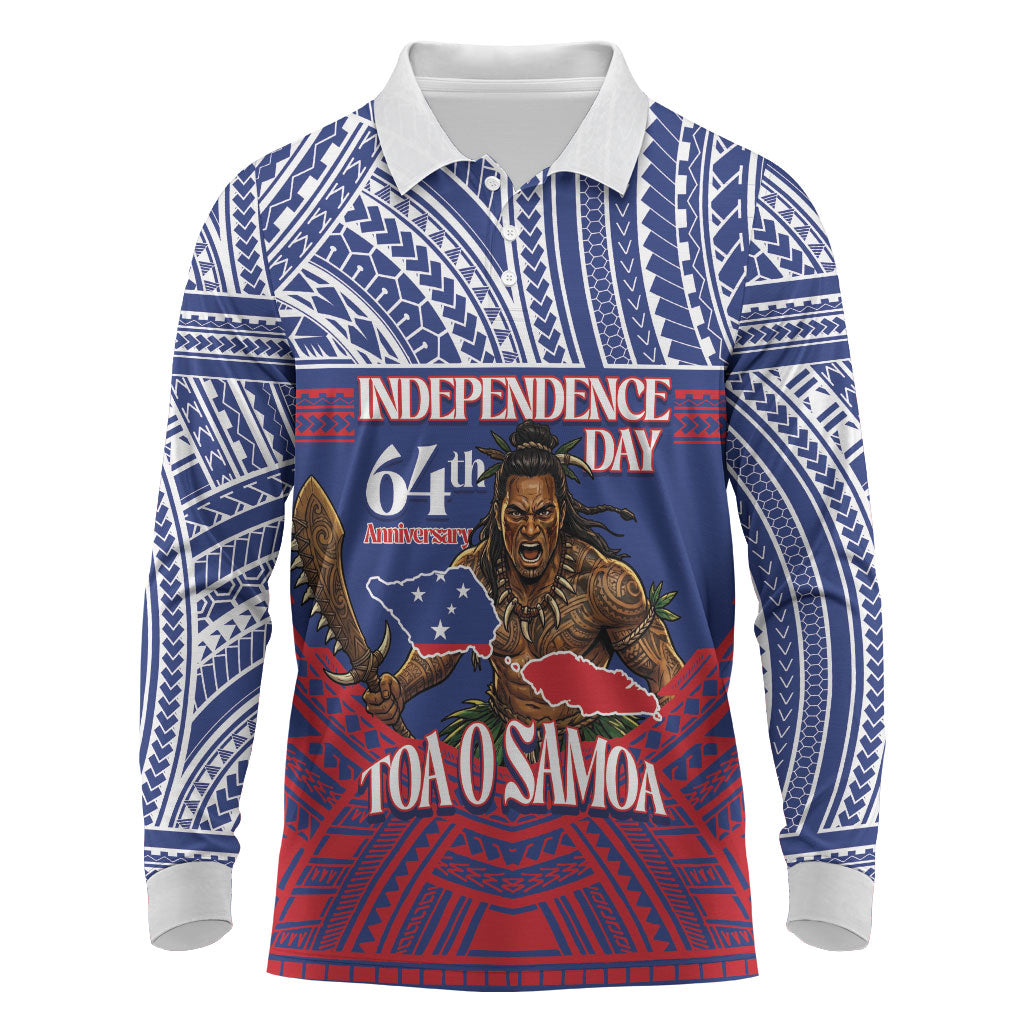 Personalised Samoa Independence Day Long Sleeve Polo Shirt 64th Anniversary Toa O Samoa LT14 Blue - Polynesian Pride