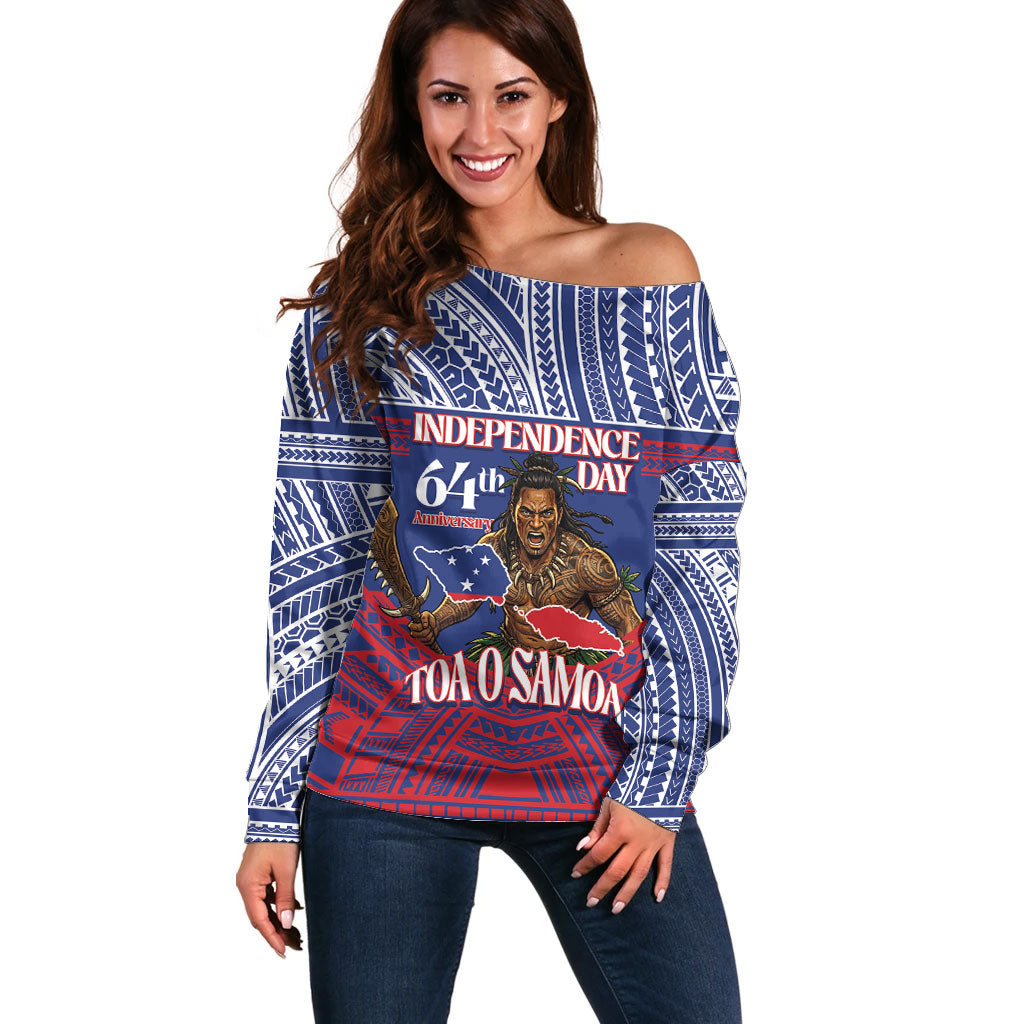 Personalised Samoa Independence Day Off Shoulder Sweater 64th Anniversary Toa O Samoa LT14 Women Blue - Polynesian Pride