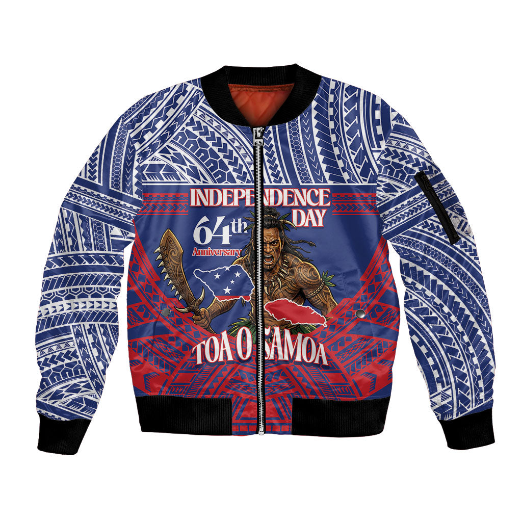 Personalised Samoa Independence Day Sleeve Zip Bomber Jacket 64th Anniversary Toa O Samoa LT14 Unisex Blue - Polynesian Pride