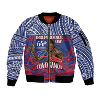 Personalised Samoa Independence Day Sleeve Zip Bomber Jacket 64th Anniversary Toa O Samoa LT14 Unisex Blue - Polynesian Pride