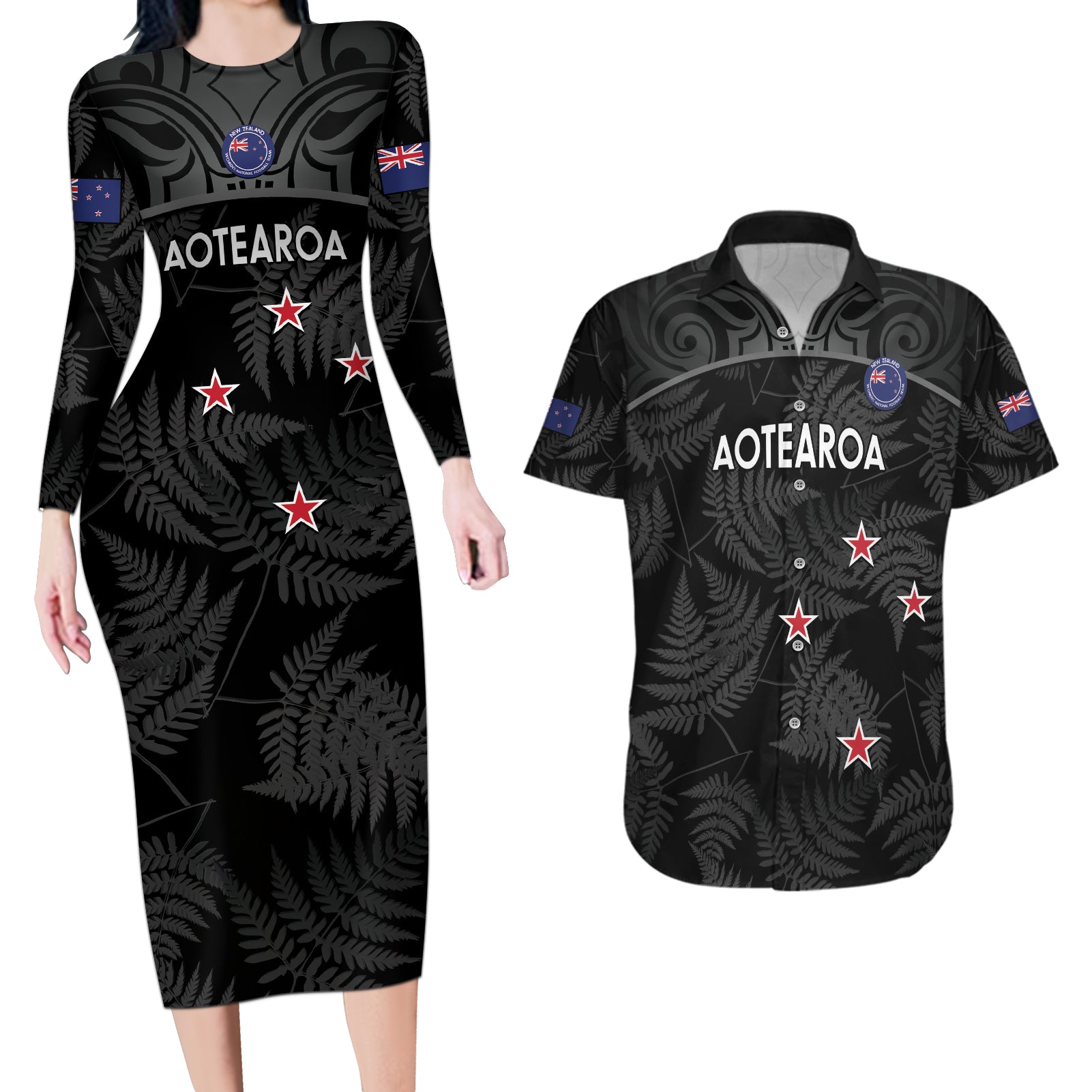 Custom New Zealand Silver Fern Football Couples Matching Long Sleeve Bodycon Dress and Hawaiian Shirt Summer 2024 Olympic Go Aotearoa