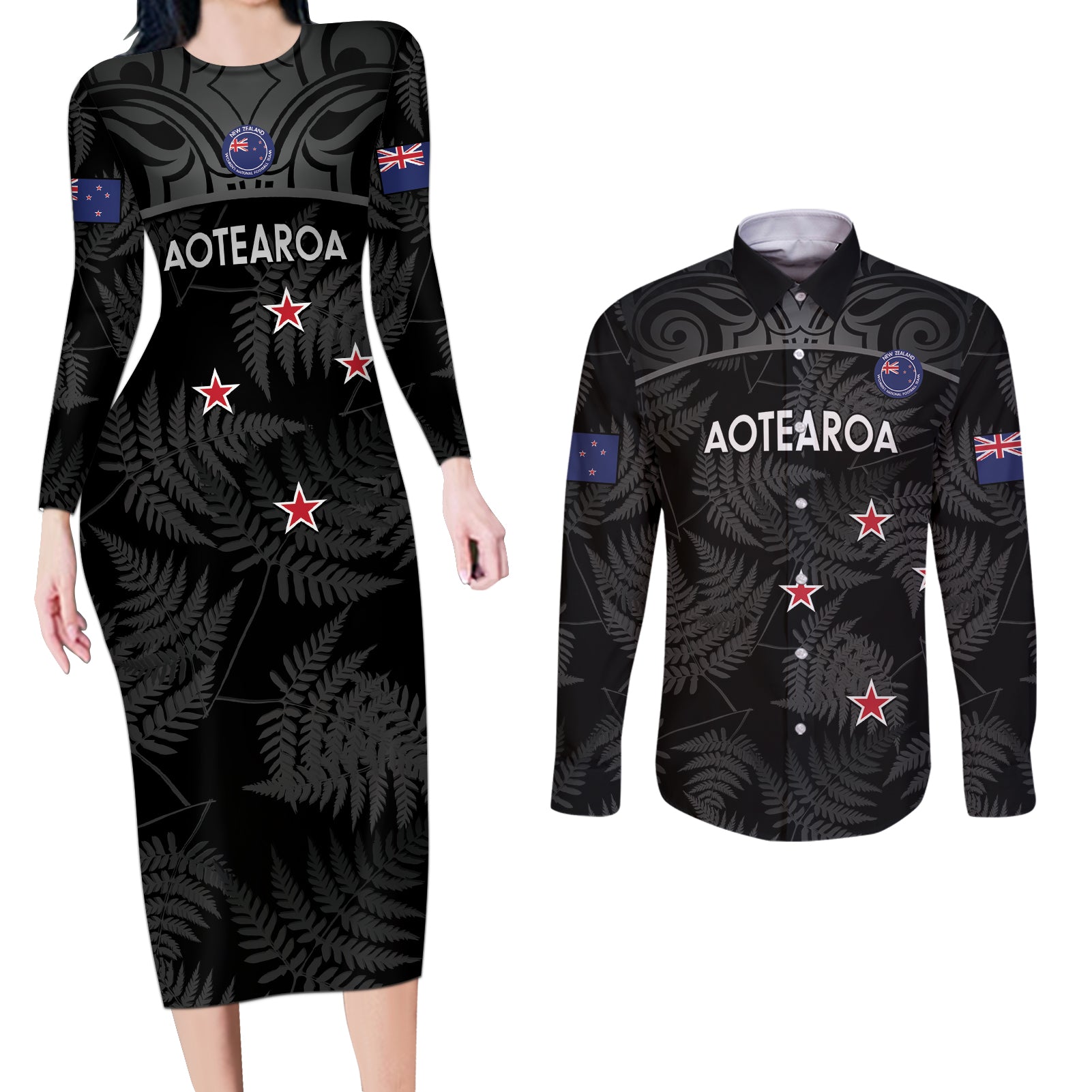 Custom New Zealand Silver Fern Football Couples Matching Long Sleeve Bodycon Dress and Long Sleeve Button Shirt Summer 2024 Olympic Go Aotearoa