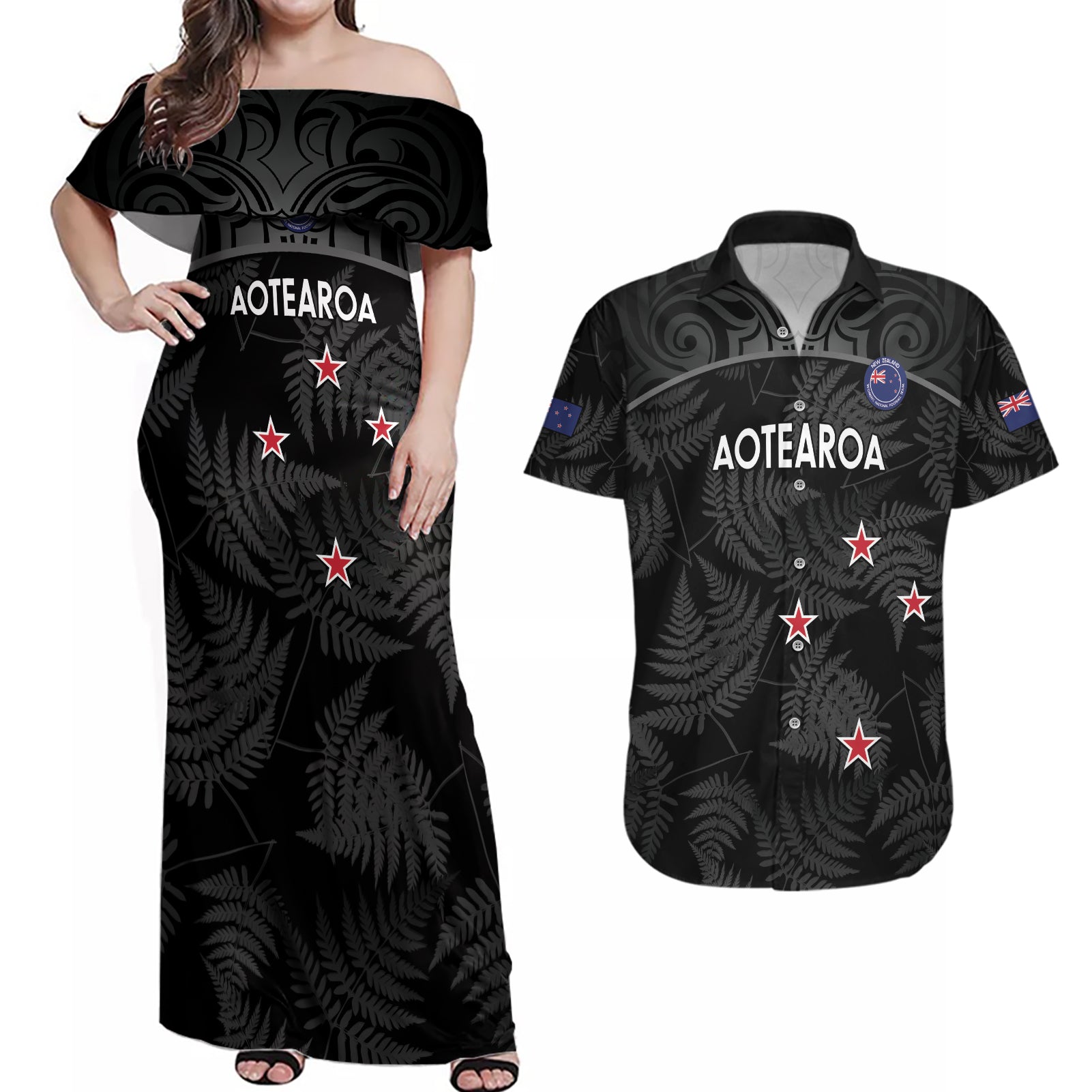 Custom New Zealand Silver Fern Football Couples Matching Off Shoulder Maxi Dress and Hawaiian Shirt Summer 2024 Olympic Go Aotearoa