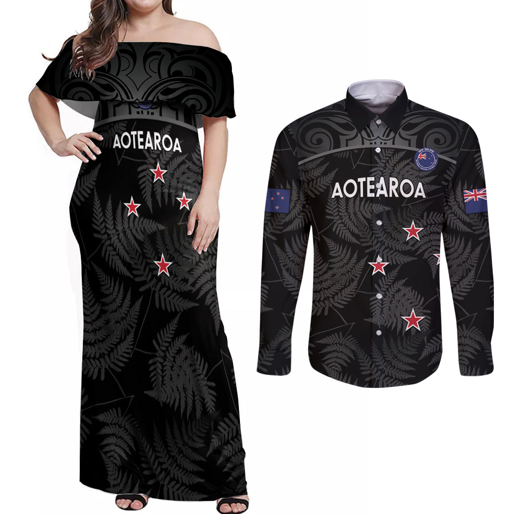 Custom New Zealand Silver Fern Football Couples Matching Off Shoulder Maxi Dress and Long Sleeve Button Shirt Summer 2024 Olympic Go Aotearoa