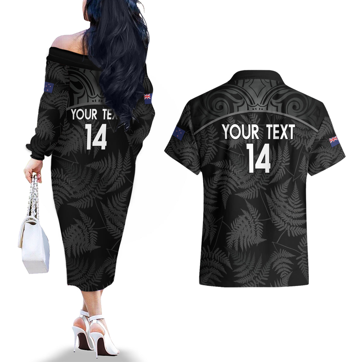Custom New Zealand Silver Fern Football Couples Matching Off The Shoulder Long Sleeve Dress and Hawaiian Shirt Summer 2024 Olympic Go Aotearoa