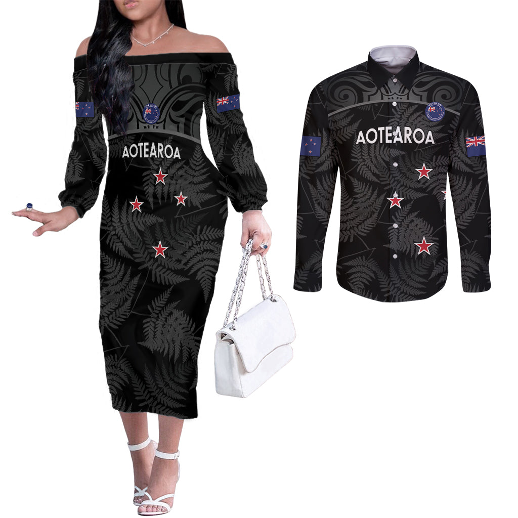 Custom New Zealand Silver Fern Football Couples Matching Off The Shoulder Long Sleeve Dress and Long Sleeve Button Shirt Summer 2024 Olympic Go Aotearoa