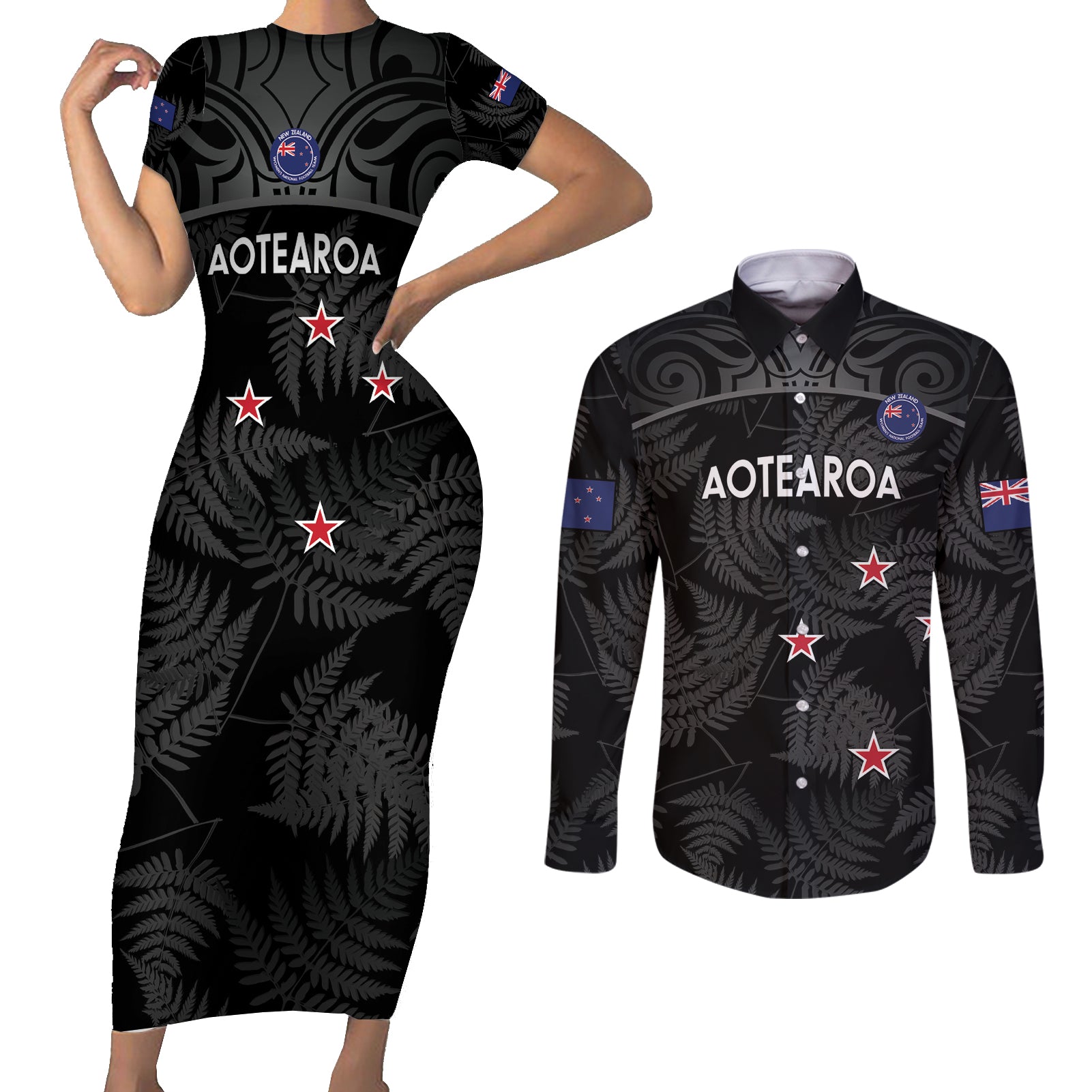 Custom New Zealand Silver Fern Football Couples Matching Short Sleeve Bodycon Dress and Long Sleeve Button Shirt Summer 2024 Olympic Go Aotearoa