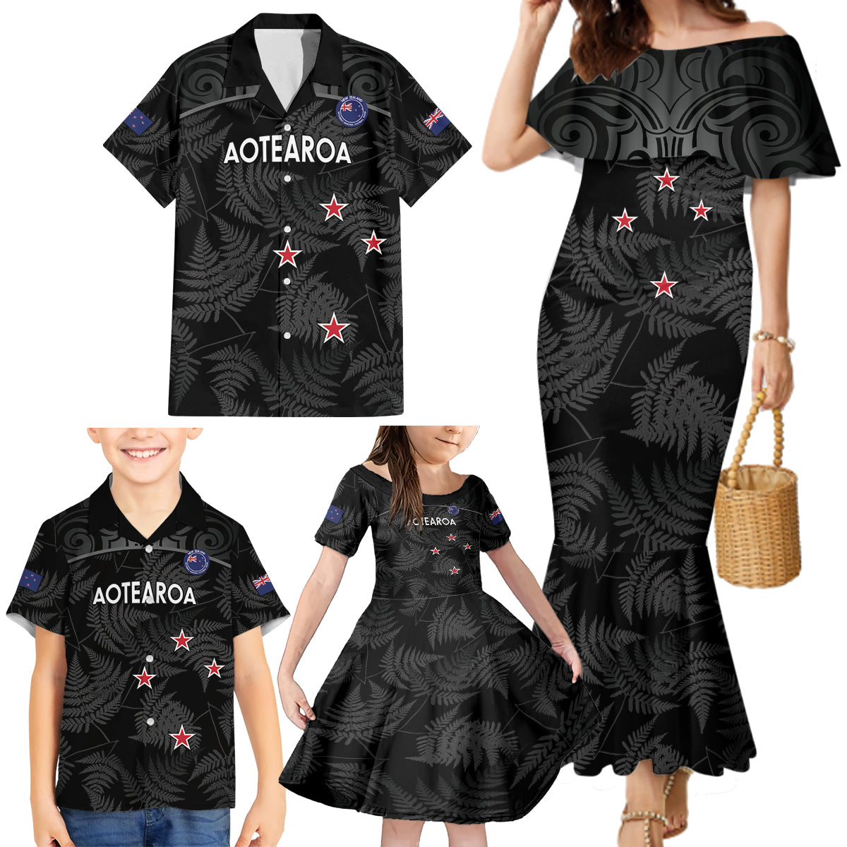 Custom New Zealand Silver Fern Football Family Matching Mermaid Dress and Hawaiian Shirt Summer 2024 Olympic Go Aotearoa