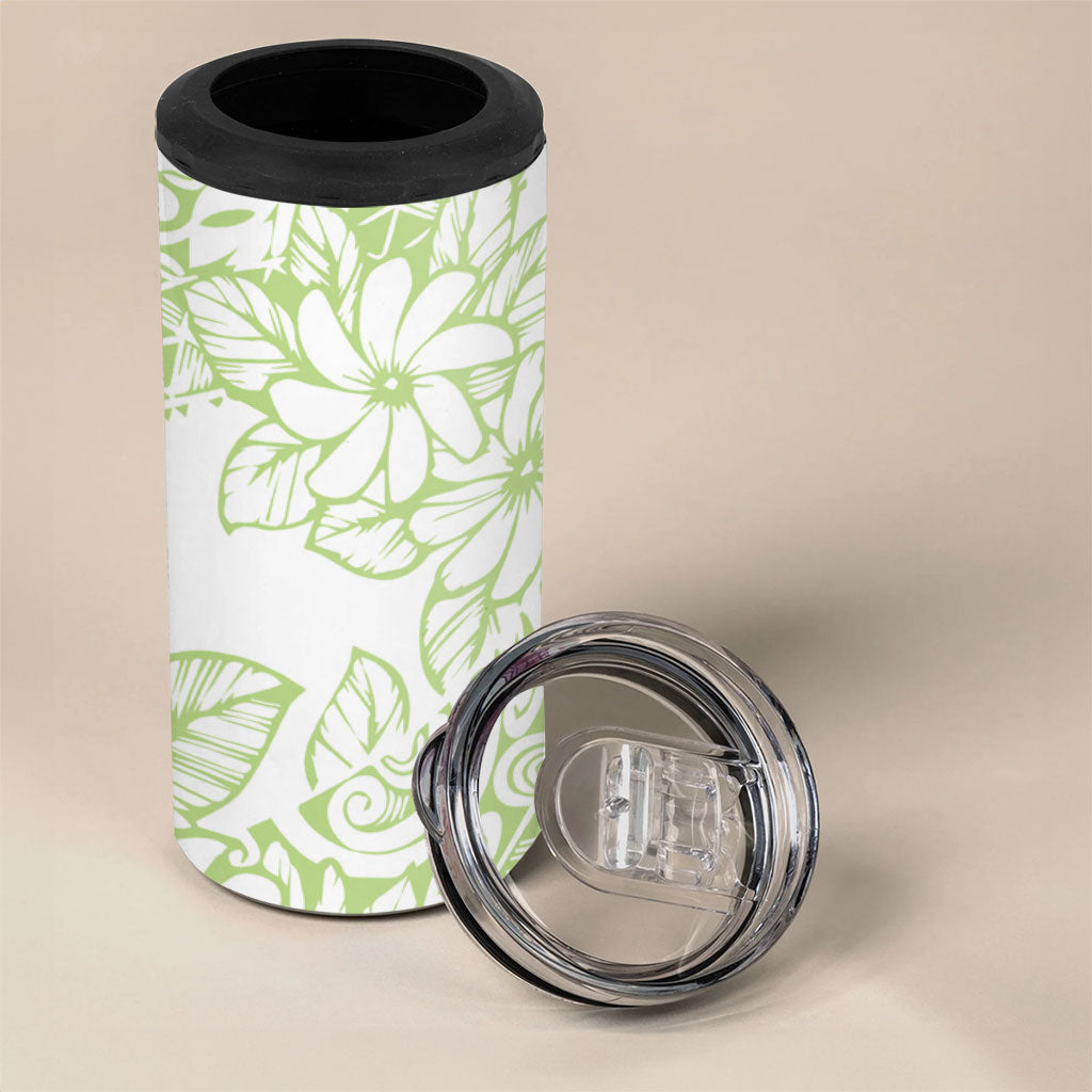Polynesian Tiare Flower Sage Green Pastel 4 in 1 Can Cooler Tumbler