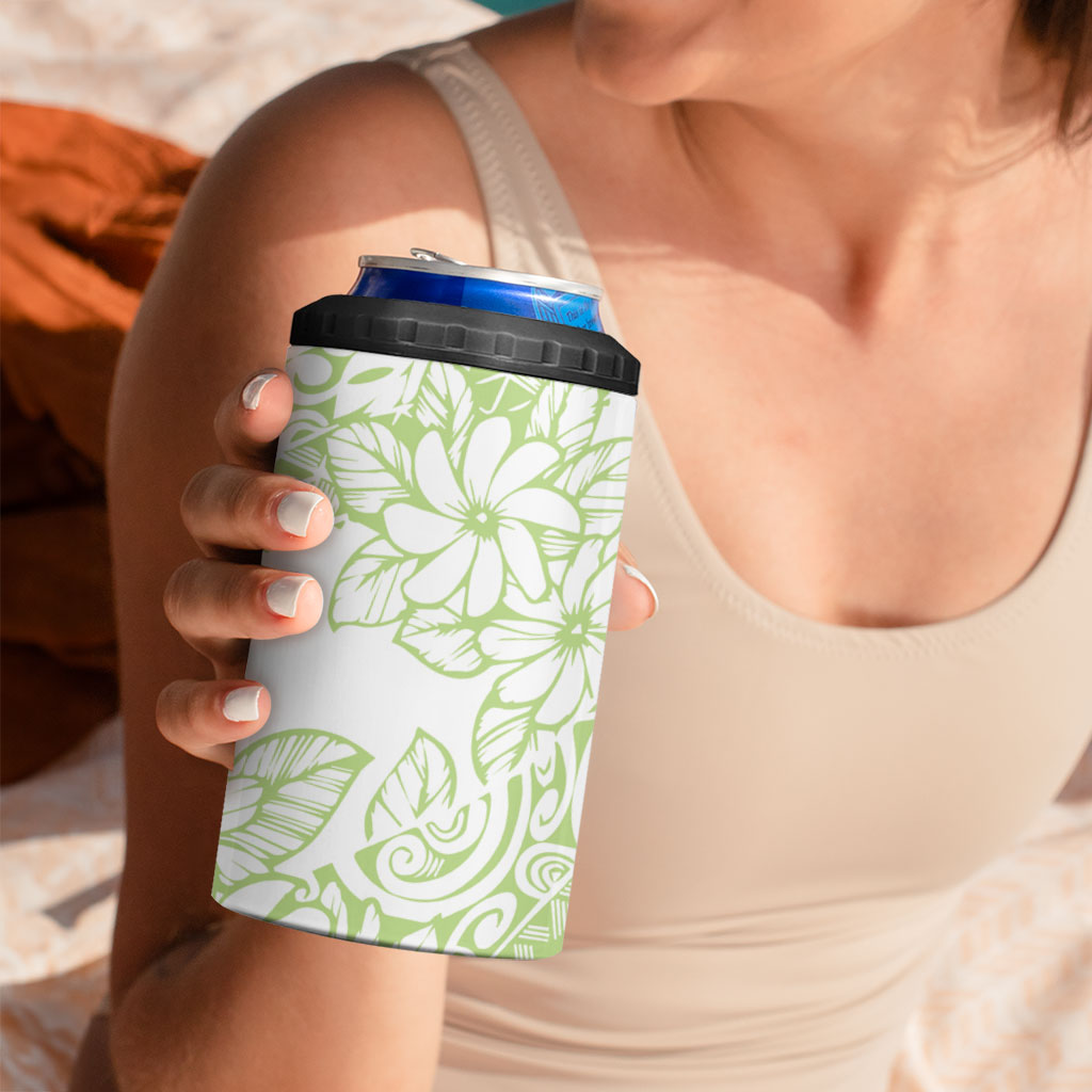Polynesian Tiare Flower Sage Green Pastel 4 in 1 Can Cooler Tumbler