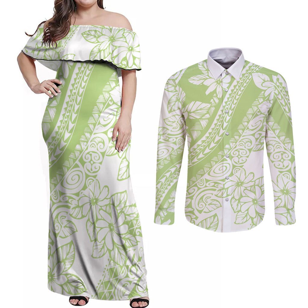 Polynesian Tiare Flower Sage Green Pastel Couples Matching Off Shoulder Maxi Dress and Long Sleeve Button Shirt LT14 Sage Green - Polynesian Pride