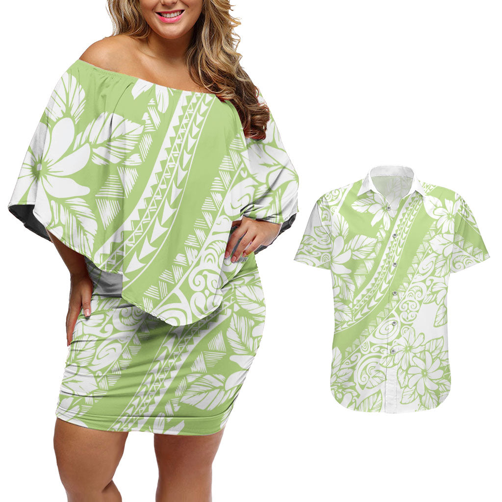 Polynesian Tiare Flower Sage Green Pastel Couples Matching Off Shoulder Short Dress and Hawaiian Shirt LT14 Sage Green - Polynesian Pride