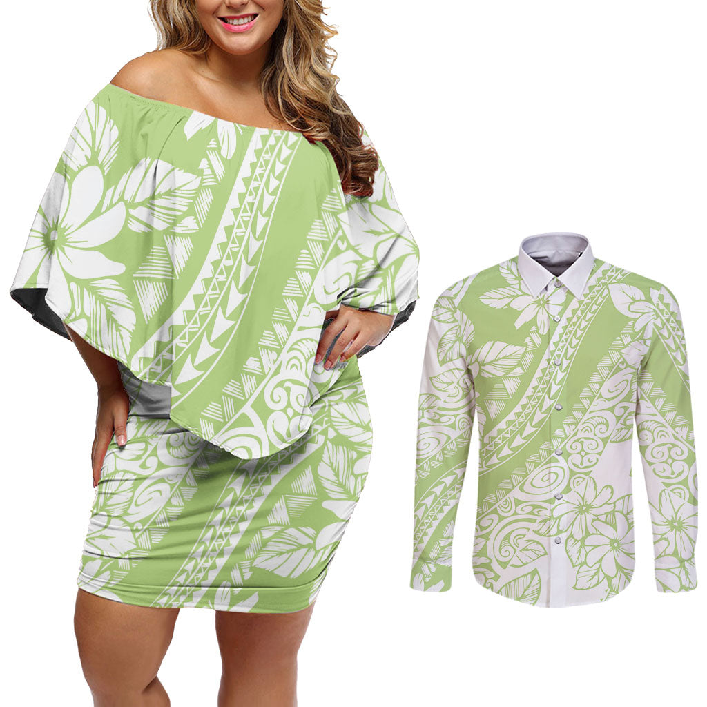 Polynesian Tiare Flower Sage Green Pastel Couples Matching Off Shoulder Short Dress and Long Sleeve Button Shirt LT14 Sage Green - Polynesian Pride