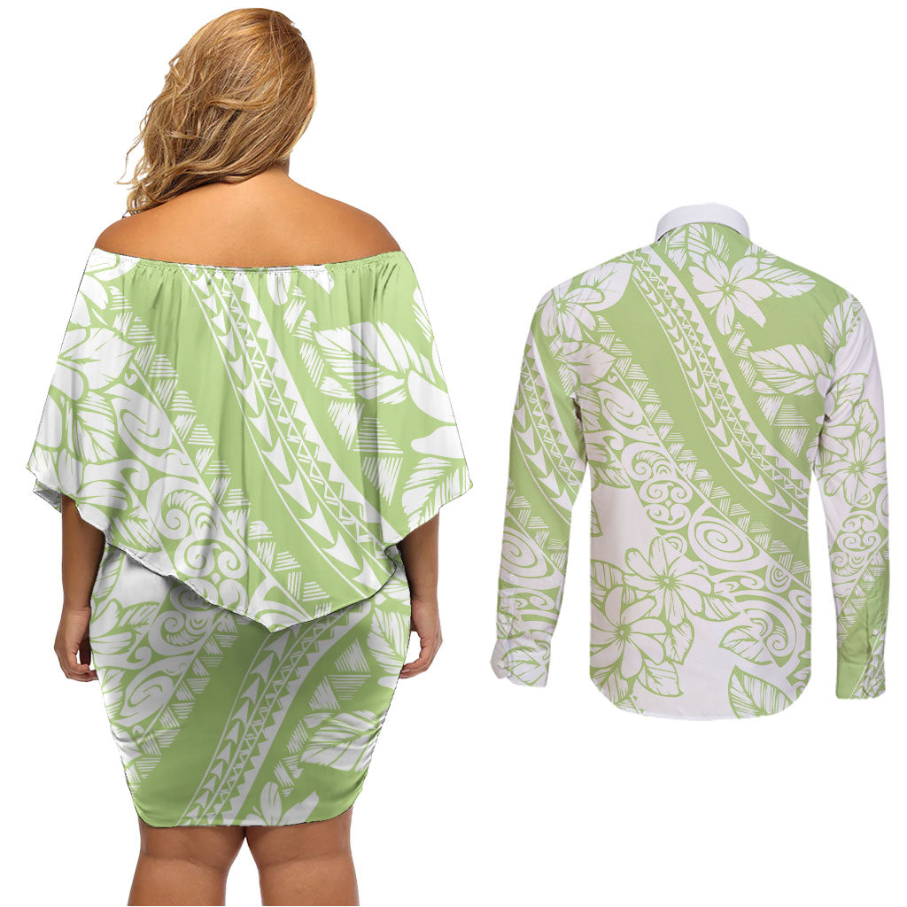 Polynesian Tiare Flower Sage Green Pastel Couples Matching Off Shoulder Short Dress and Long Sleeve Button Shirt LT14 - Polynesian Pride