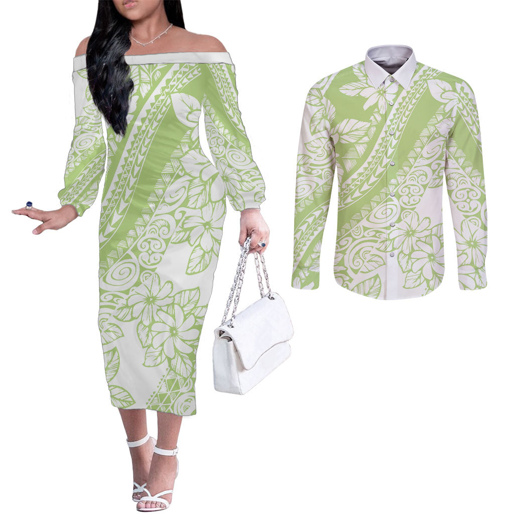 Polynesian Tiare Flower Sage Green Pastel Couples Matching Off The Shoulder Long Sleeve Dress and Long Sleeve Button Shirt LT14 Sage Green - Polynesian Pride