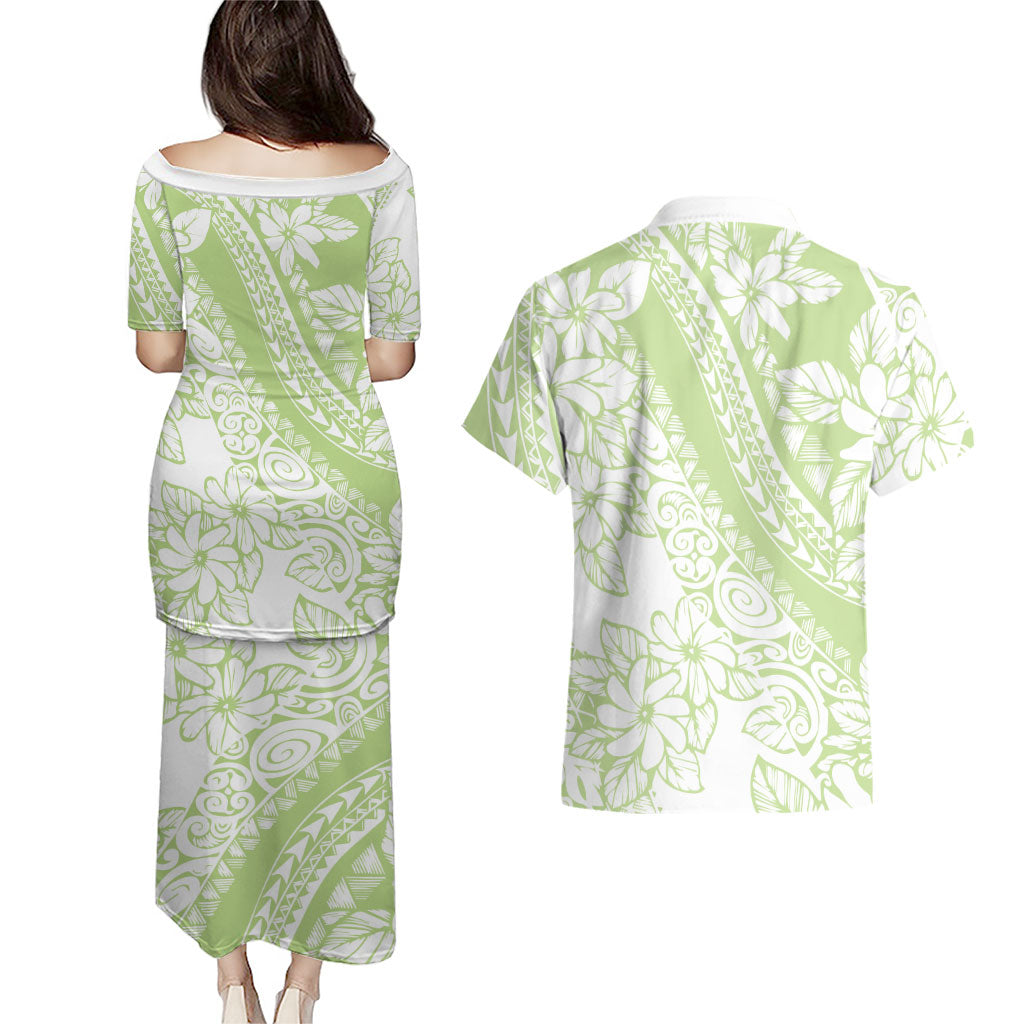 Polynesian Tiare Flower Sage Green Pastel Couples Matching Puletasi and Hawaiian Shirt LT14 - Polynesian Pride