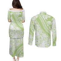 Polynesian Tiare Flower Sage Green Pastel Couples Matching Puletasi and Long Sleeve Button Shirt LT14 - Polynesian Pride