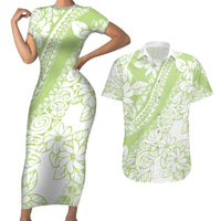Polynesian Tiare Flower Sage Green Pastel Couples Matching Short Sleeve Bodycon Dress and Hawaiian Shirt
