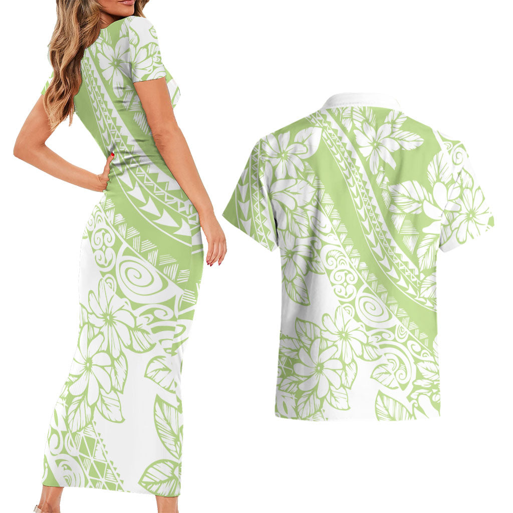 Polynesian Tiare Flower Sage Green Pastel Couples Matching Short Sleeve Bodycon Dress and Hawaiian Shirt