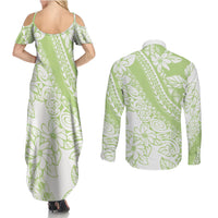 Polynesian Tiare Flower Sage Green Pastel Couples Matching Summer Maxi Dress and Long Sleeve Button Shirt LT14 - Polynesian Pride
