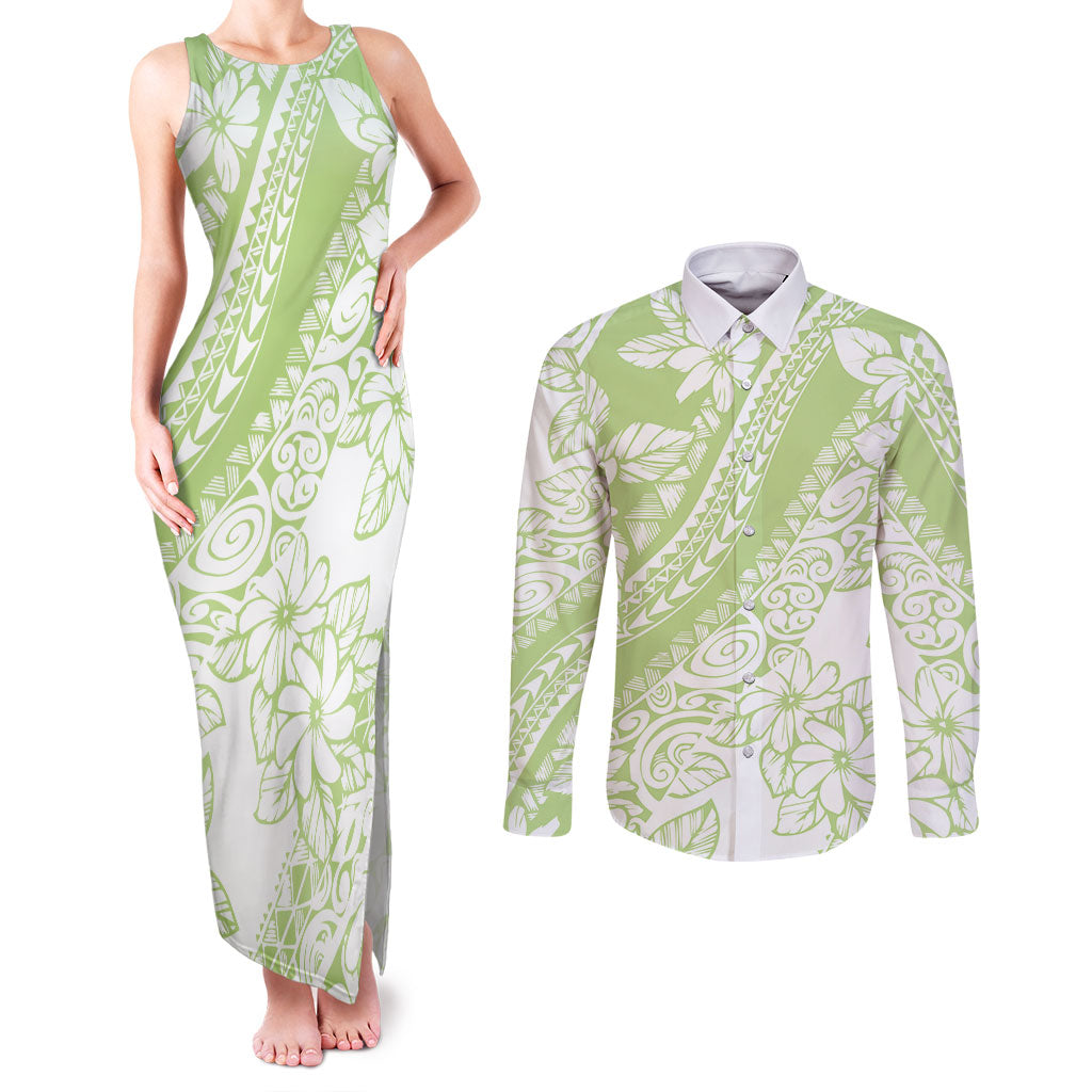 Polynesian Tiare Flower Sage Green Pastel Couples Matching Tank Maxi Dress and Long Sleeve Button Shirt LT14 Sage Green - Polynesian Pride
