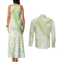 Polynesian Tiare Flower Sage Green Pastel Couples Matching Tank Maxi Dress and Long Sleeve Button Shirt LT14 - Polynesian Pride