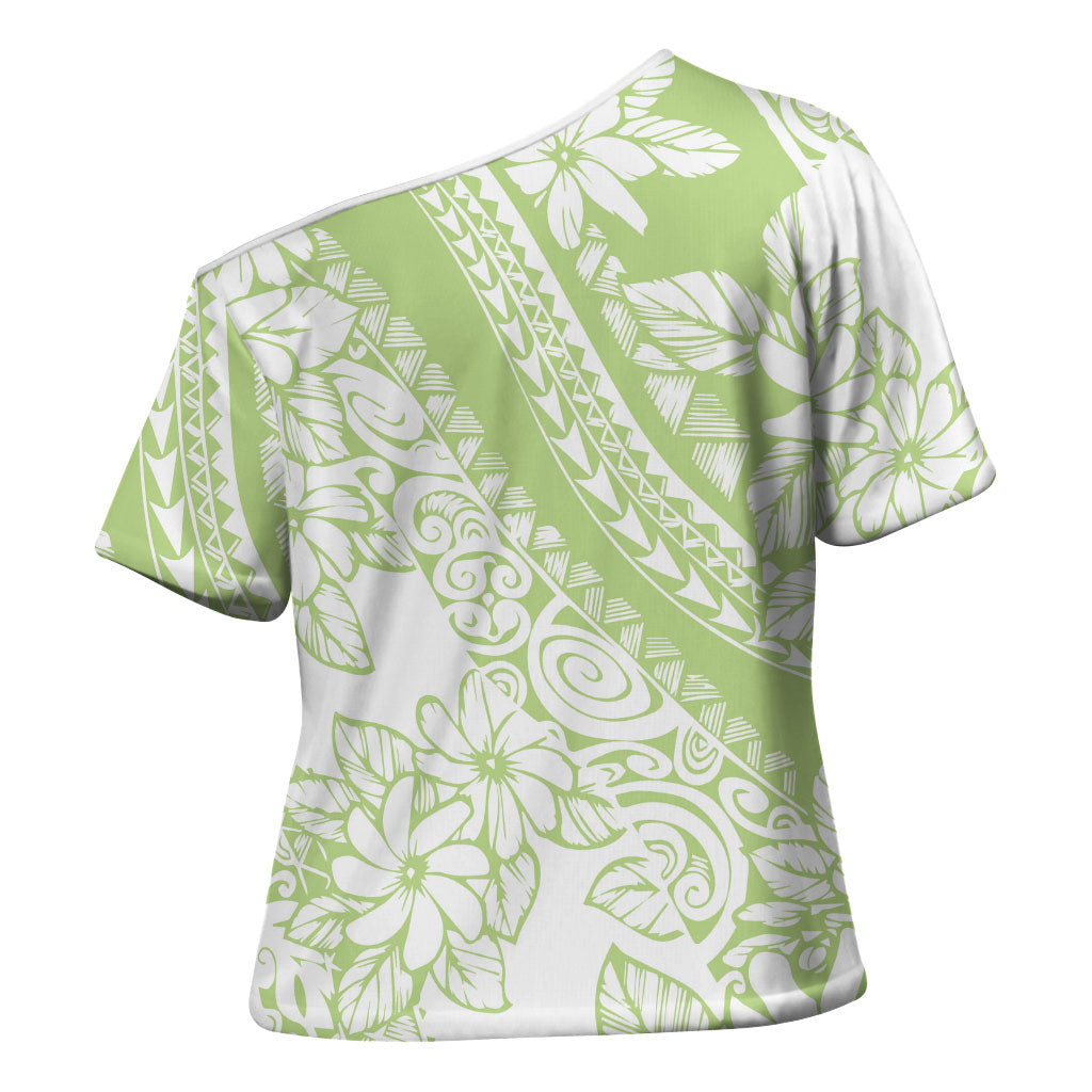 Polynesian Tiare Flower Sage Green Pastel Cross Shoulder Shirt LT14 - Polynesian Pride