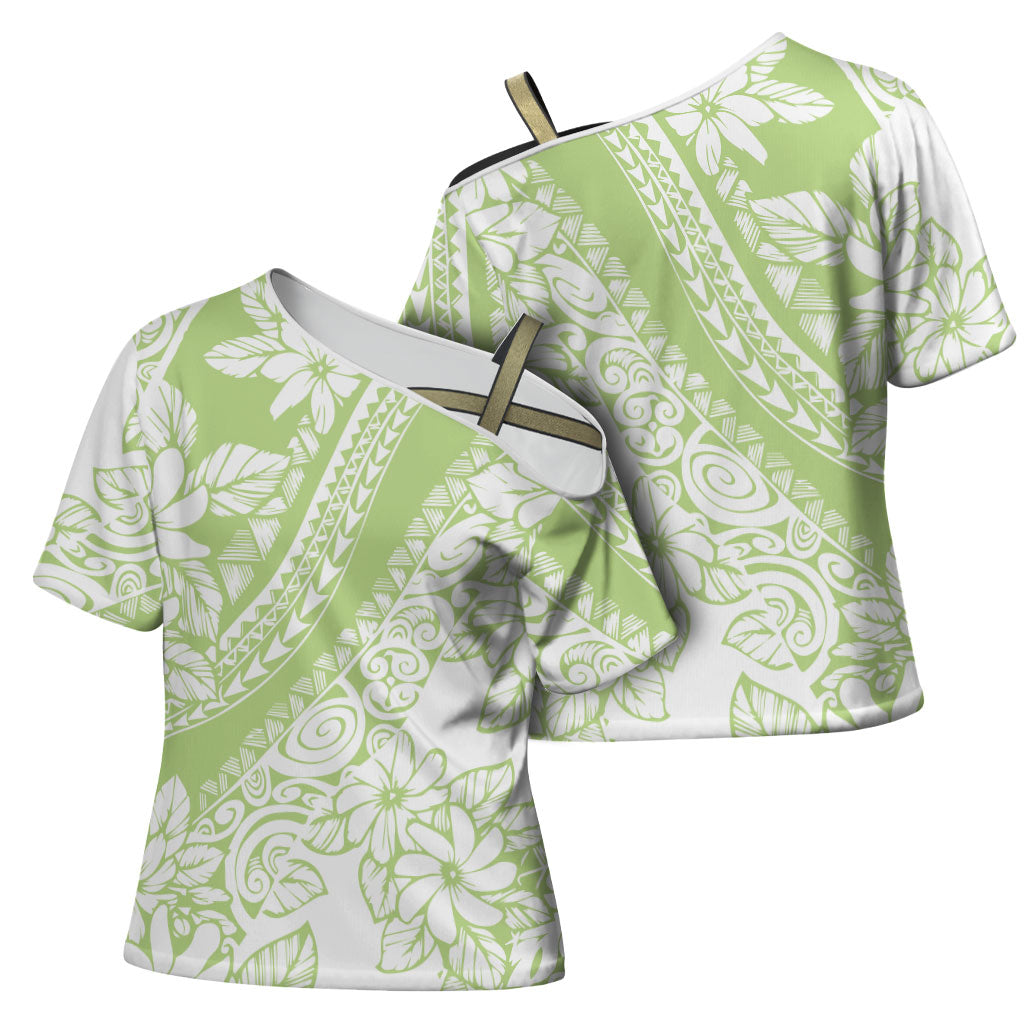 Polynesian Tiare Flower Sage Green Pastel Cross Shoulder Shirt LT14 - Polynesian Pride
