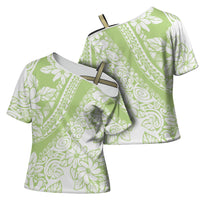 Polynesian Tiare Flower Sage Green Pastel Cross Shoulder Shirt LT14 - Polynesian Pride