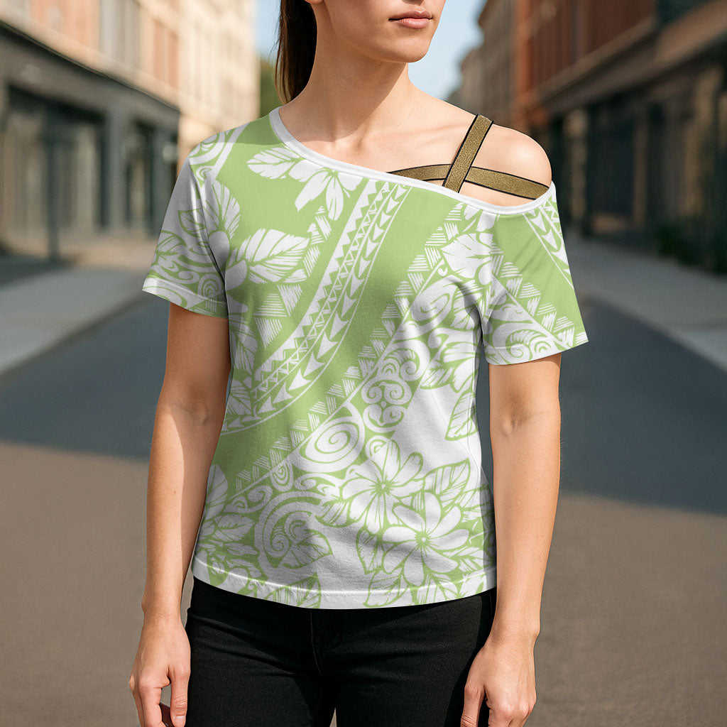 Polynesian Tiare Flower Sage Green Pastel Cross Shoulder Shirt LT14 - Polynesian Pride